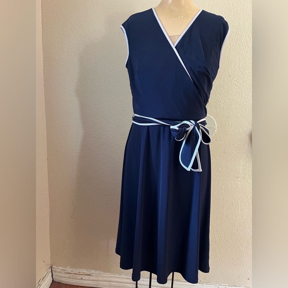 Ralph Lauren Navy Blue Midi Dress with White Trim